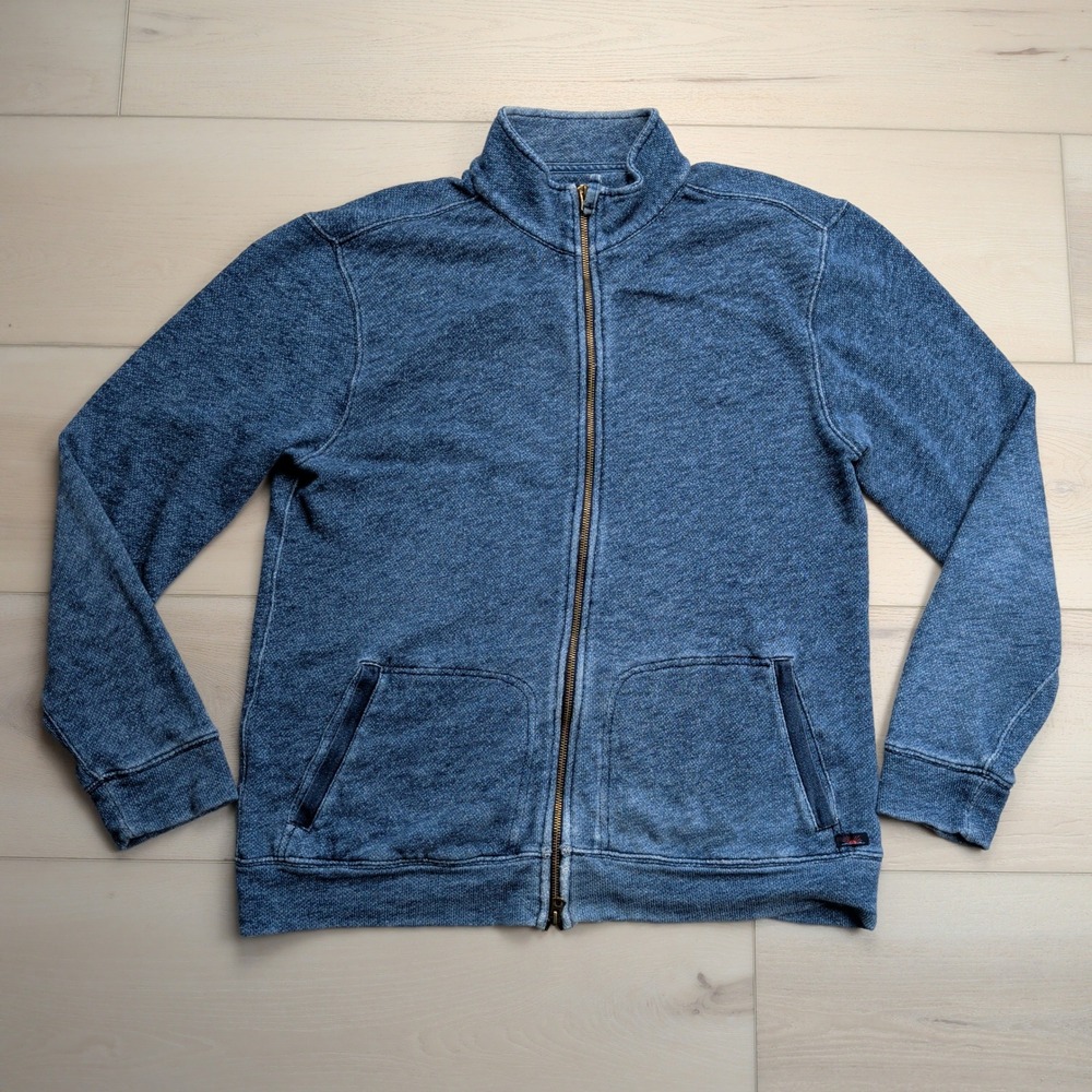 Faherty Marled Full Zip Sweater Jacket Mens L Natural Indigo Dyed Cotton Blue